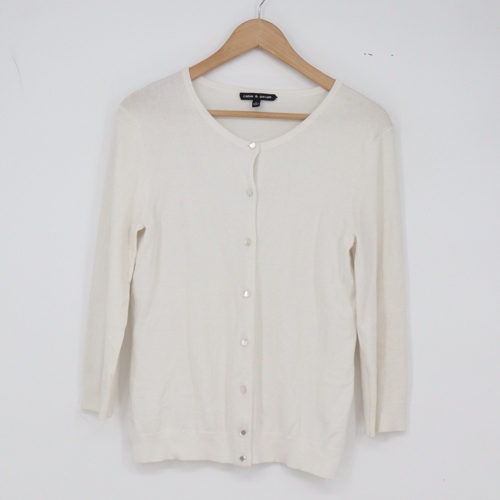 Cable & Gauge Cardigan Womens M Ivory 3/4 Sleeve Button-Down White Good